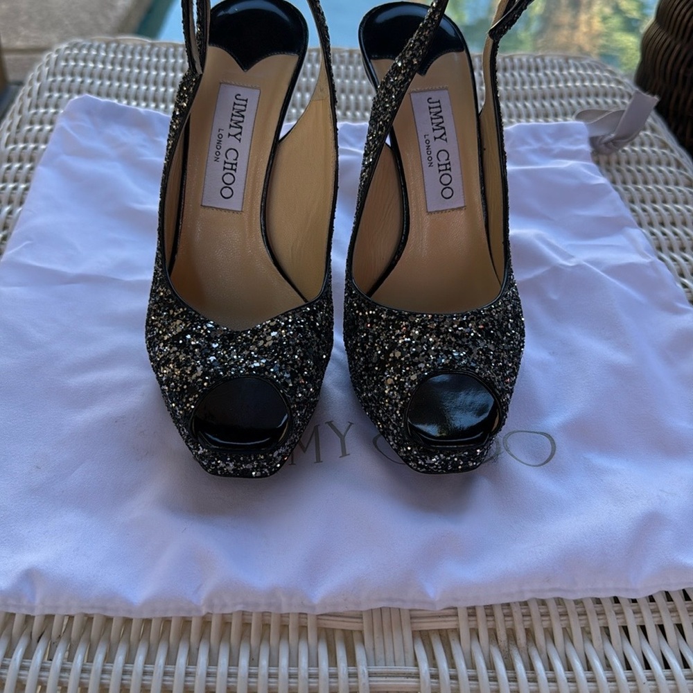Jimmy Choo Black Glitter Platform Heels